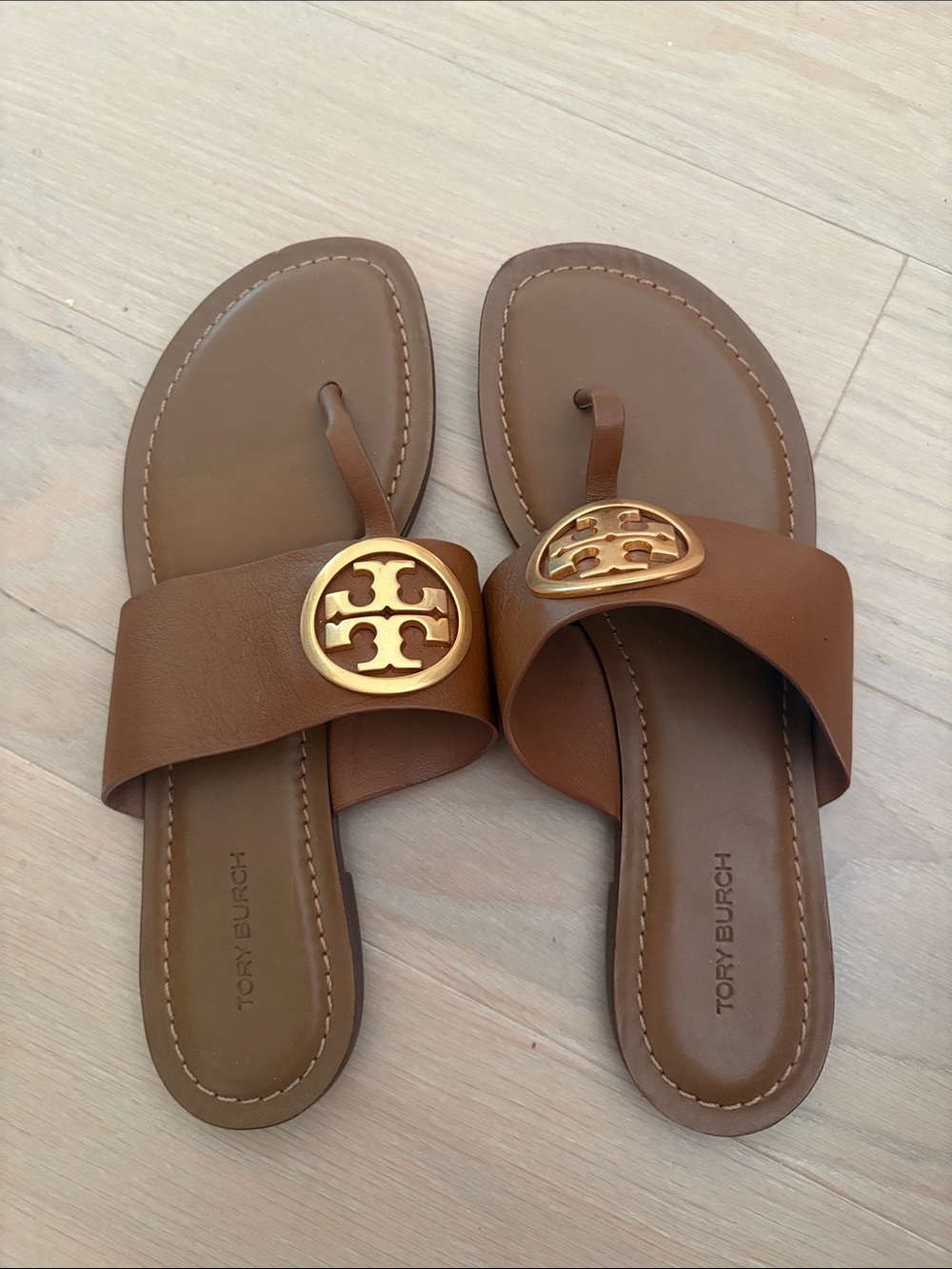 Tory Burch Cognac Leather Logo Toe-Post Sandals
